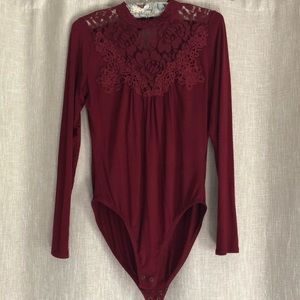 Maroon Red romantic lace bodysuit